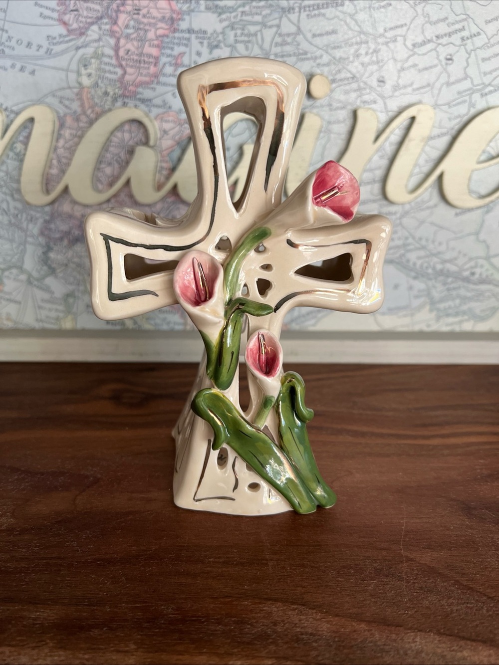 Blue Sky vintage Ceramic Cross Figurine with Pink Calla Lily Accents